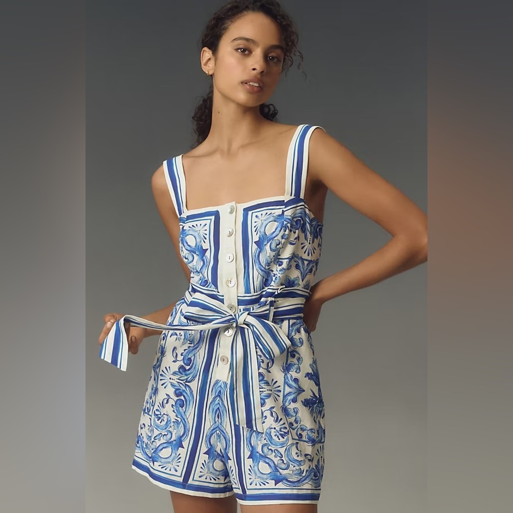 FARM Rio Blue and White Floral Jumpsuit with Tie-Waist